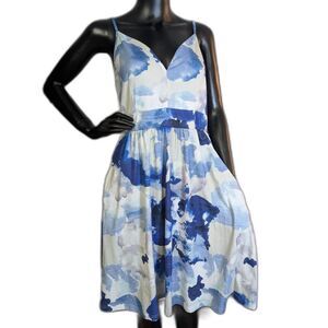 Blue Watercolor Print Cotton Sundress Midi Spaghetti Straps Medium